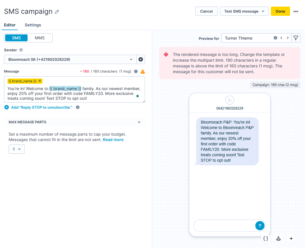 The SMS action node