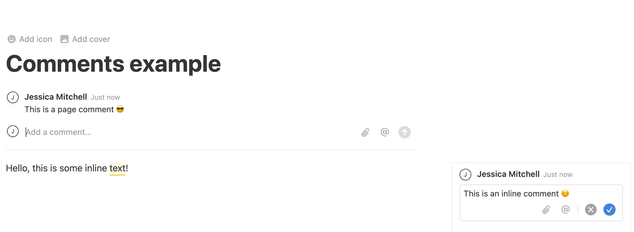 Notion UI with a page comment and inline comment added.