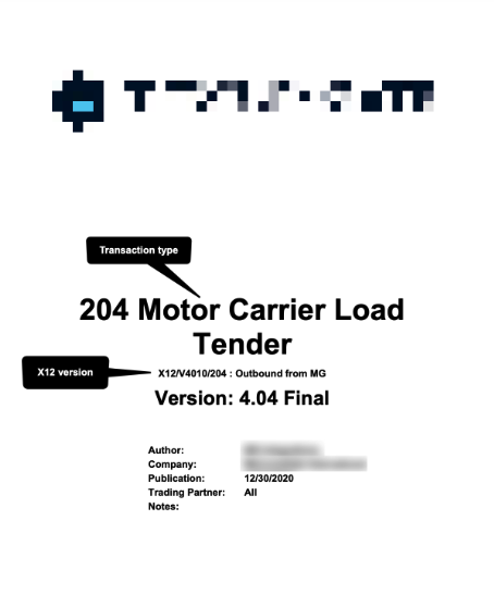 The transaction type and X12/EDIFACT version on the first page(850 Purchase Order, 810 Invoice, 204 Motor Carrier Load Tender, … )