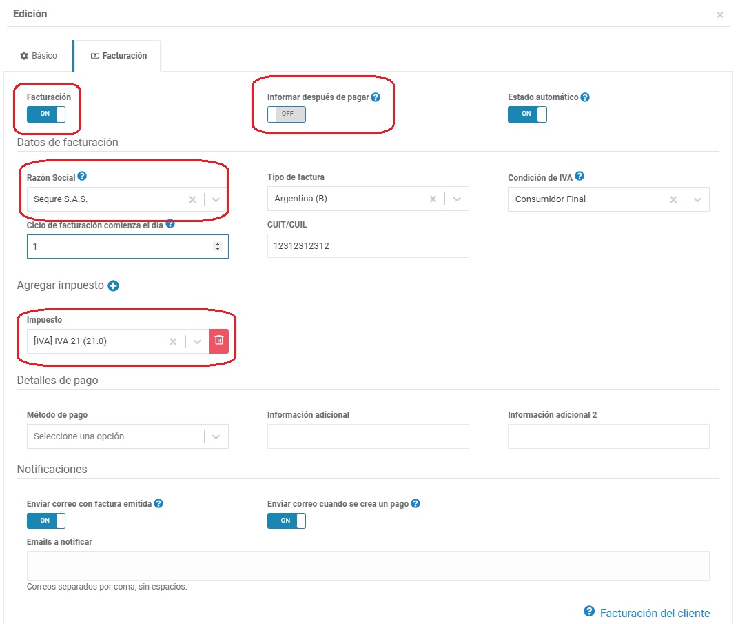 Ejemplo de formulario de cliente con los requisitos