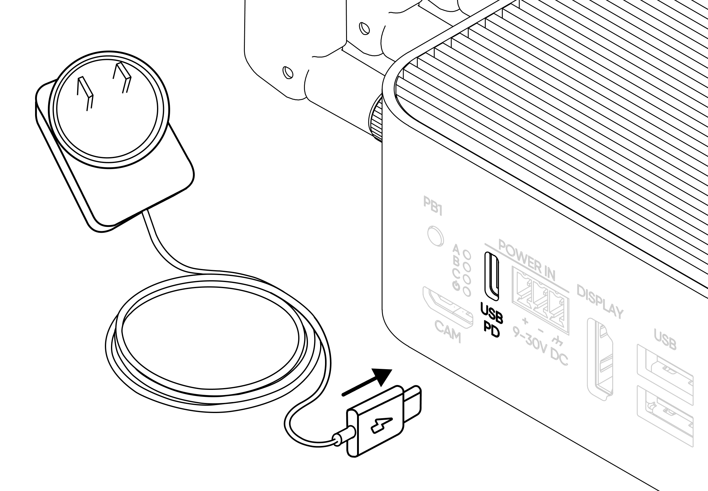 USB-C PD adapter with interchangeable regional plug heads connecting to the ALPON X4