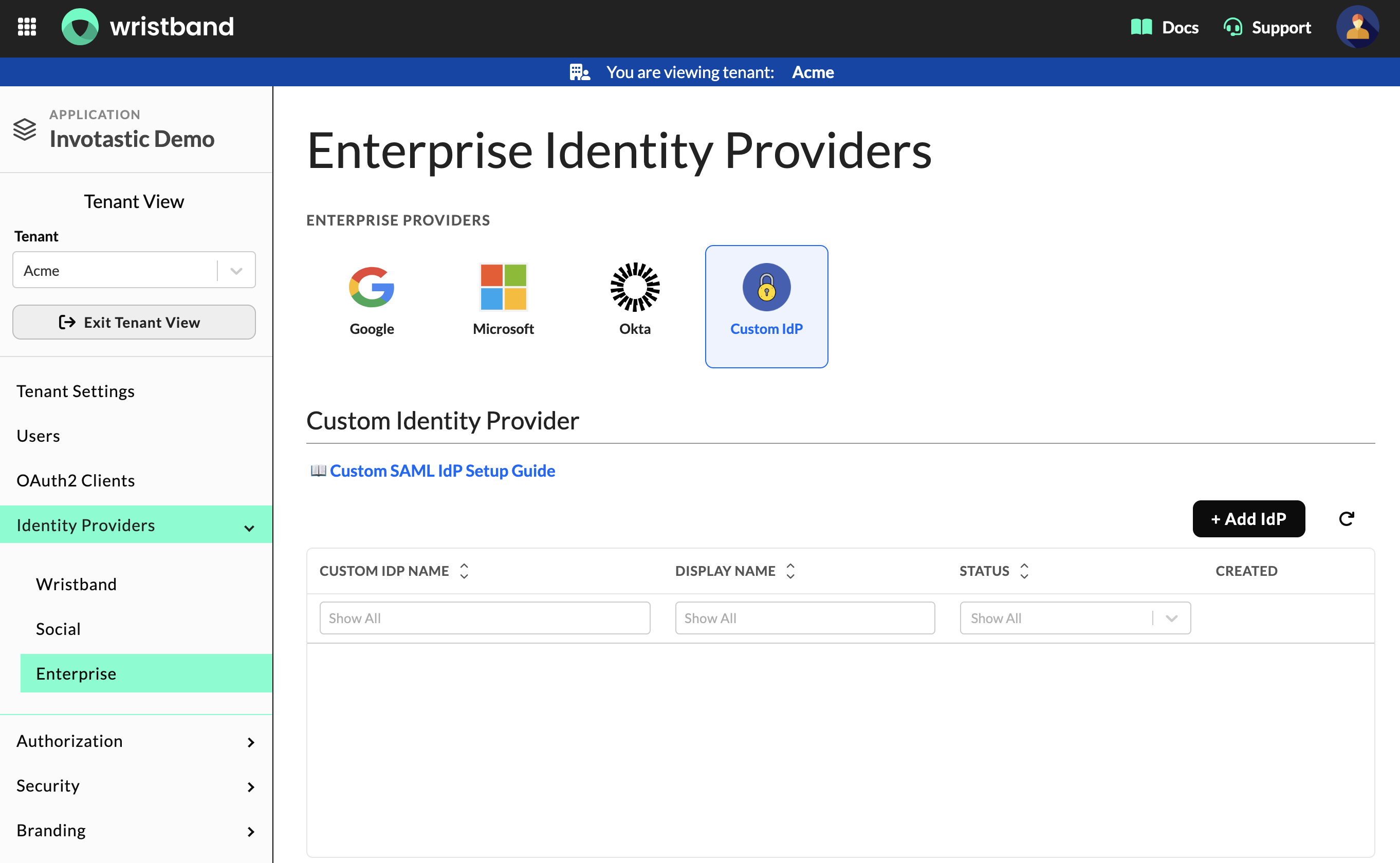 Wristband: Tenant-level Enterprise IdP page with the Custom IdP tab selected