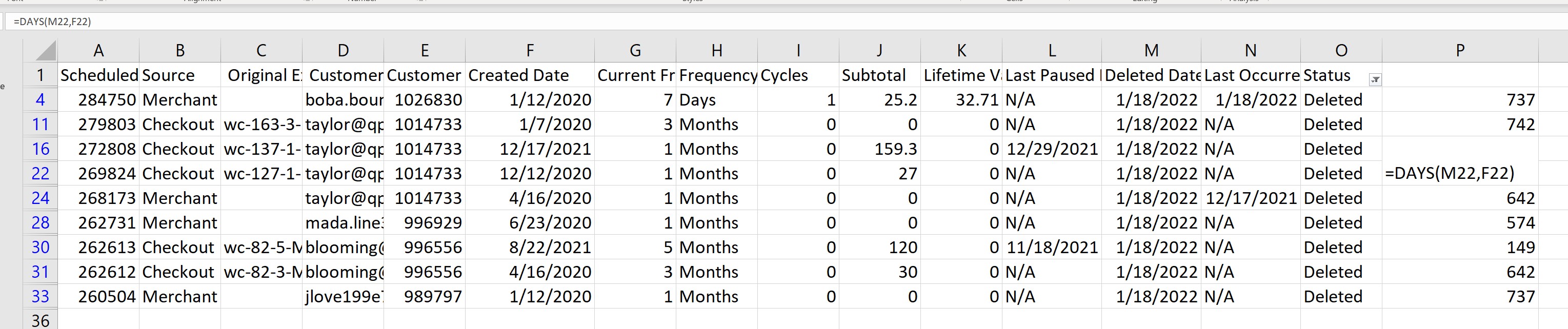 Example of "DAYS" function in Excel