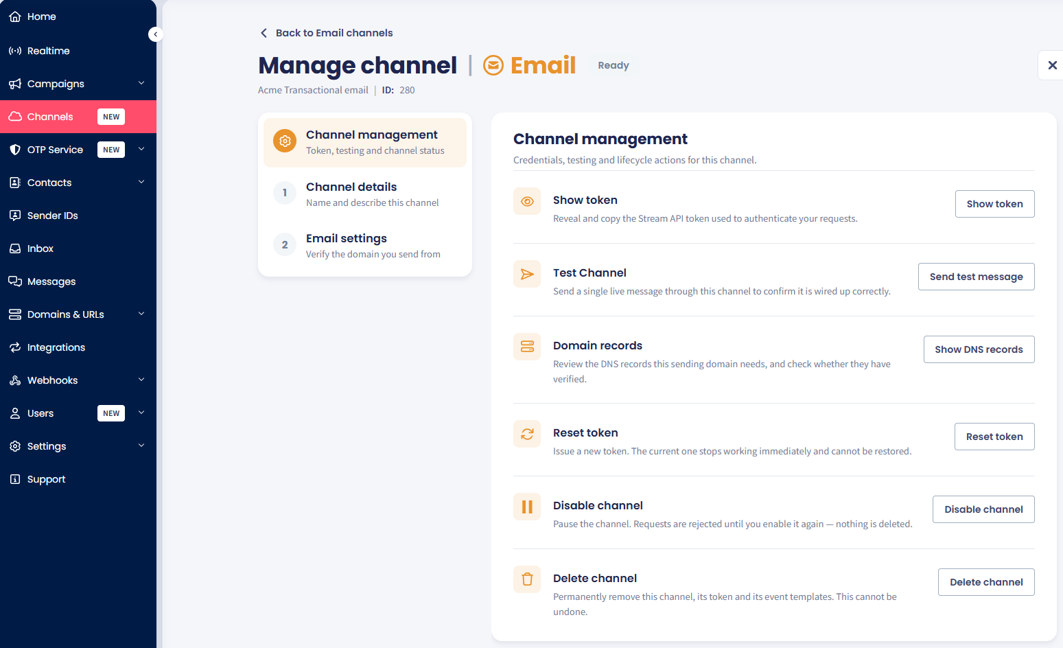 Screenshot of the Manage channel page showing the section list and the Channel management actions