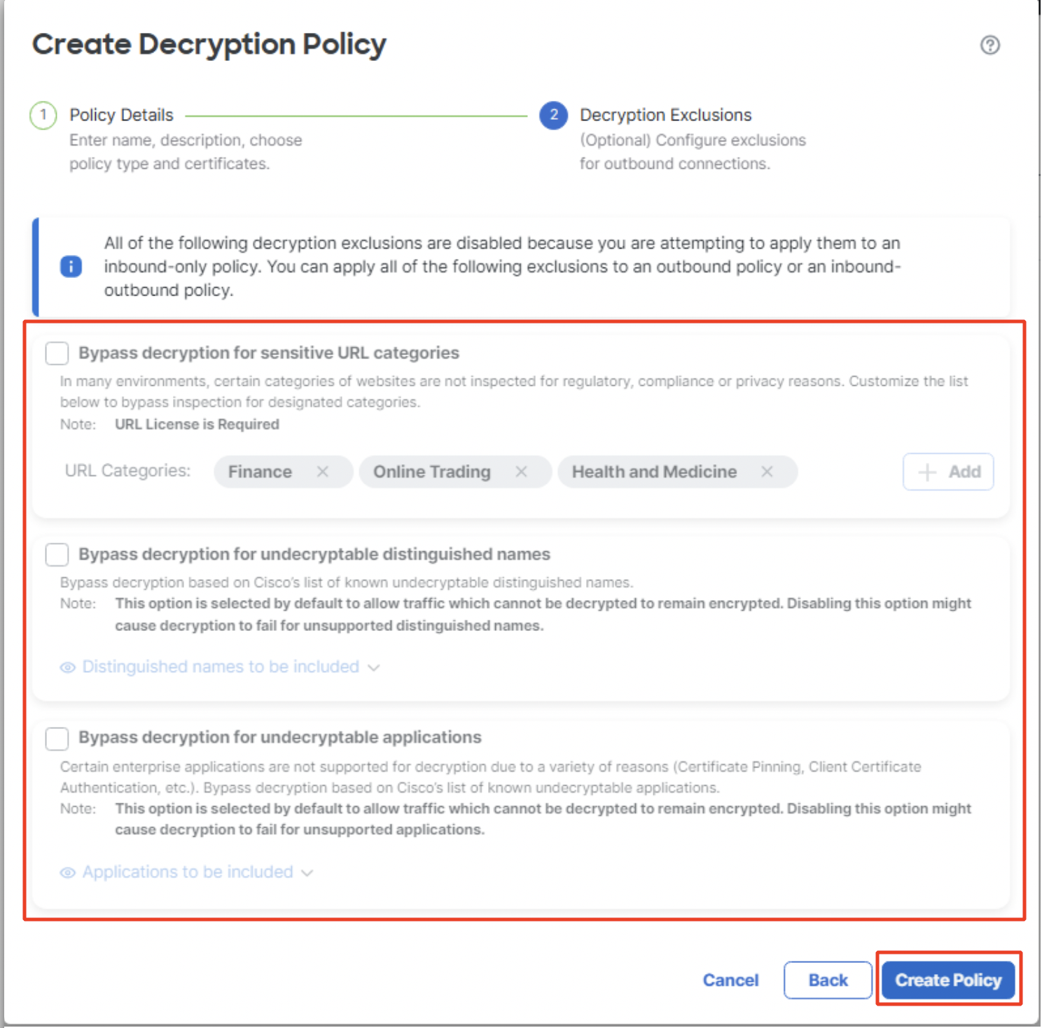 Decryption Exclusions for inbound connection