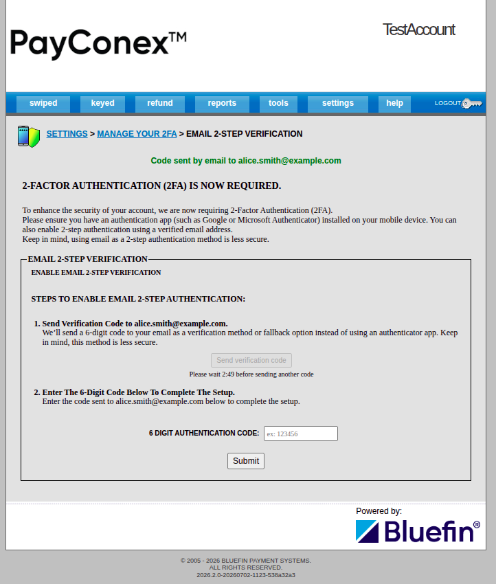 PayConex Portal Email 2-Step Verification