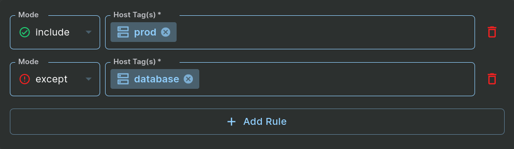 A screenshot of the Specify Host step that includes a Host Tag plus an except Host Tag