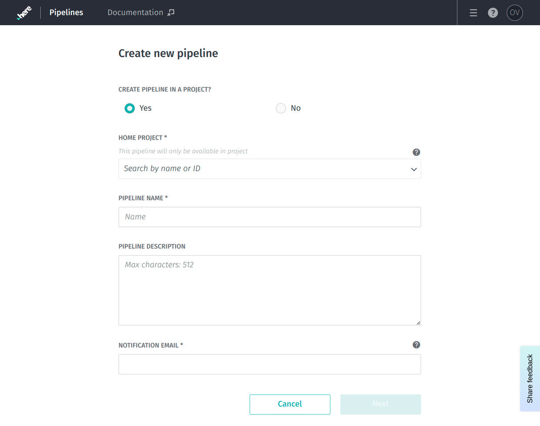 Portal GUI screen for adding a new pipeline