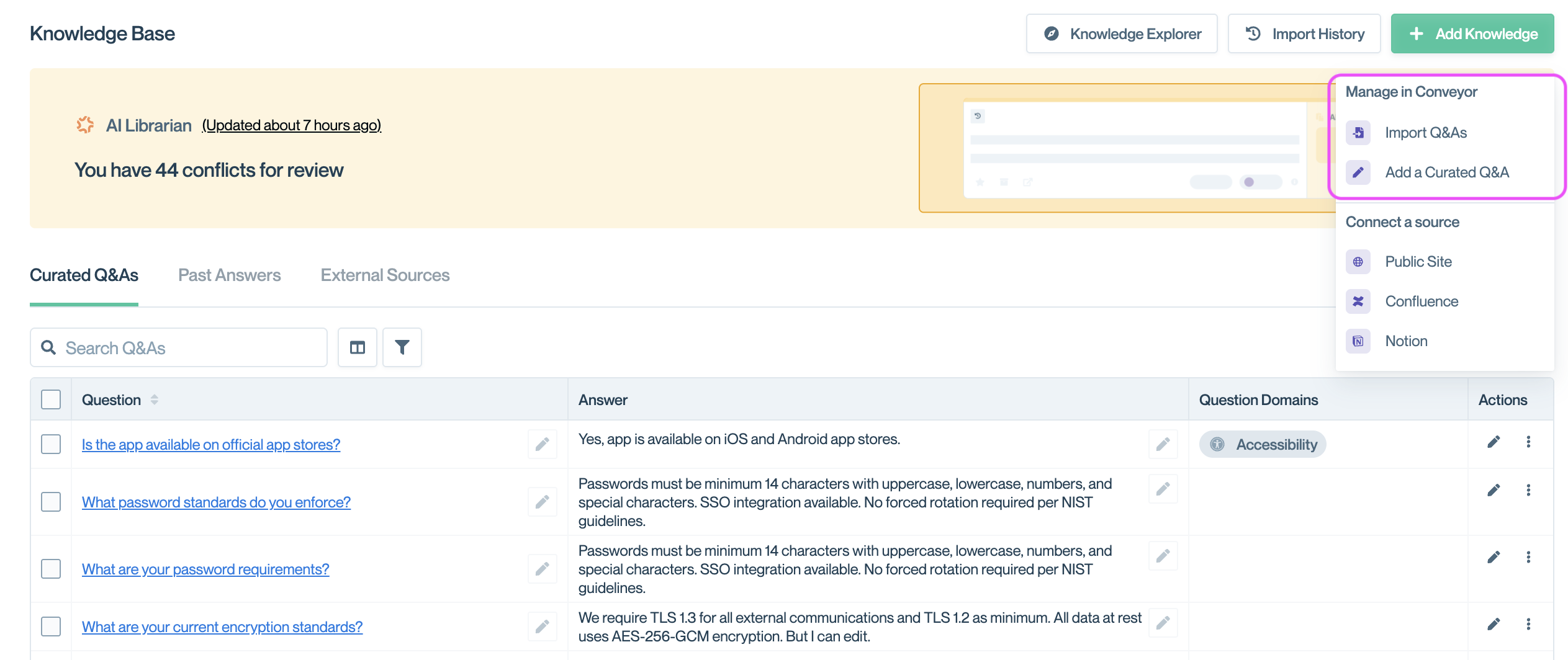 Click Import to import questions in bulk from Excel or CSV files