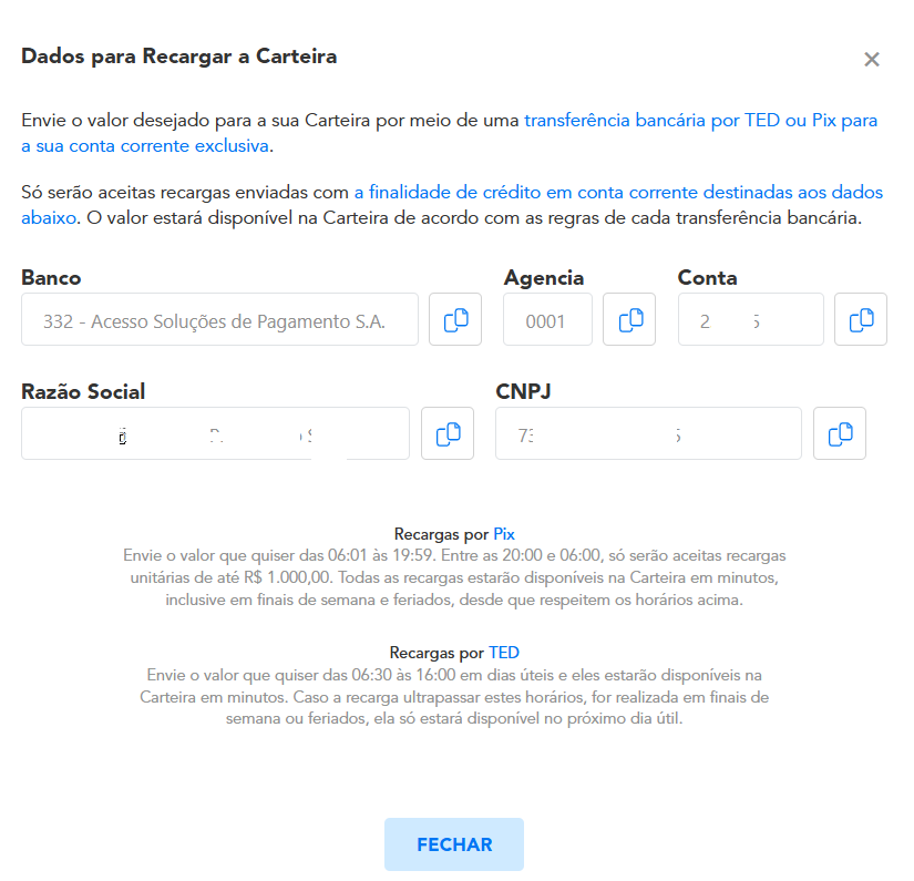Dados para recarga de carteira