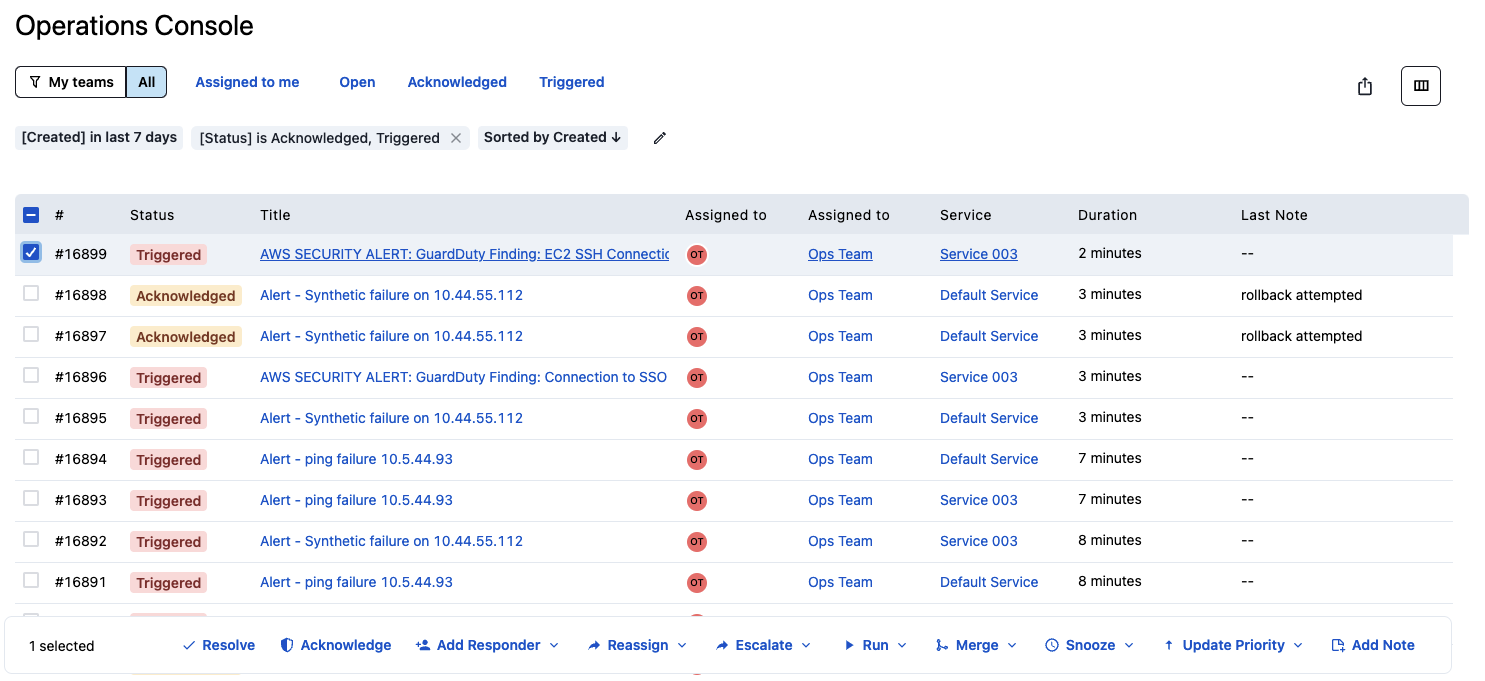 An image detailing the various actions users can take on incidents in the Operations Console