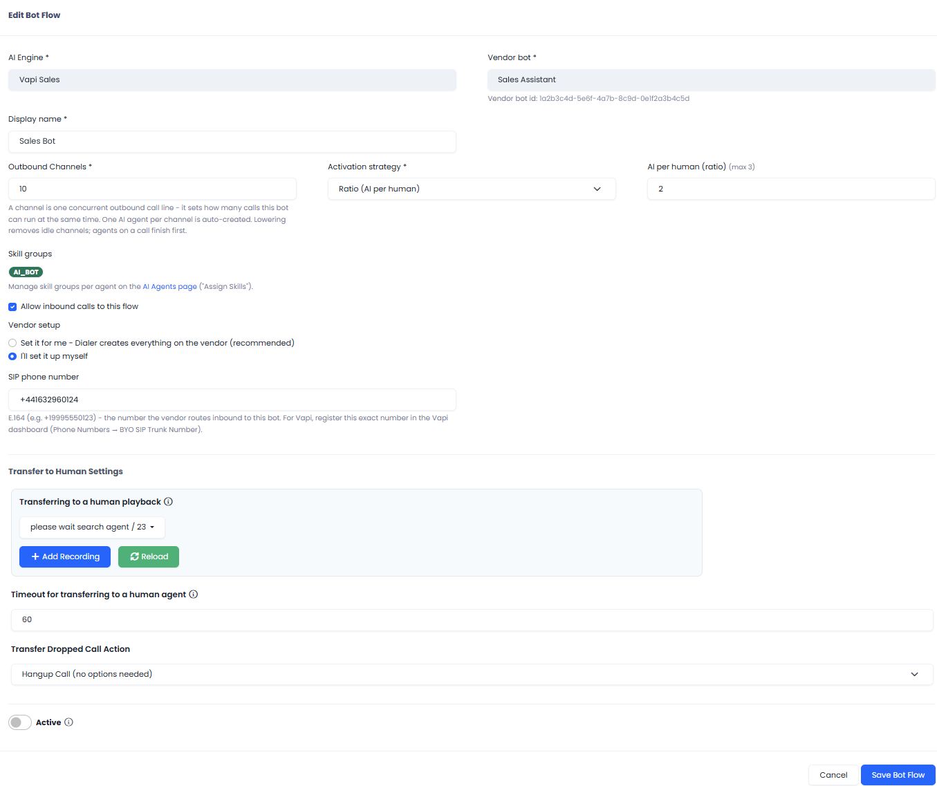 Screenshot of the AI Bot Flow configuration