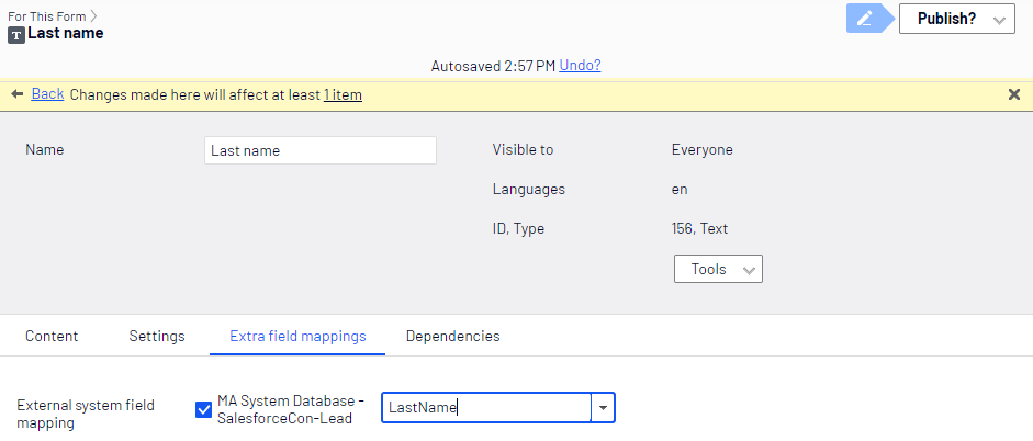 Screenshot of the Extra field mappings tab where mapping a form field to the Salesforce LastName database field