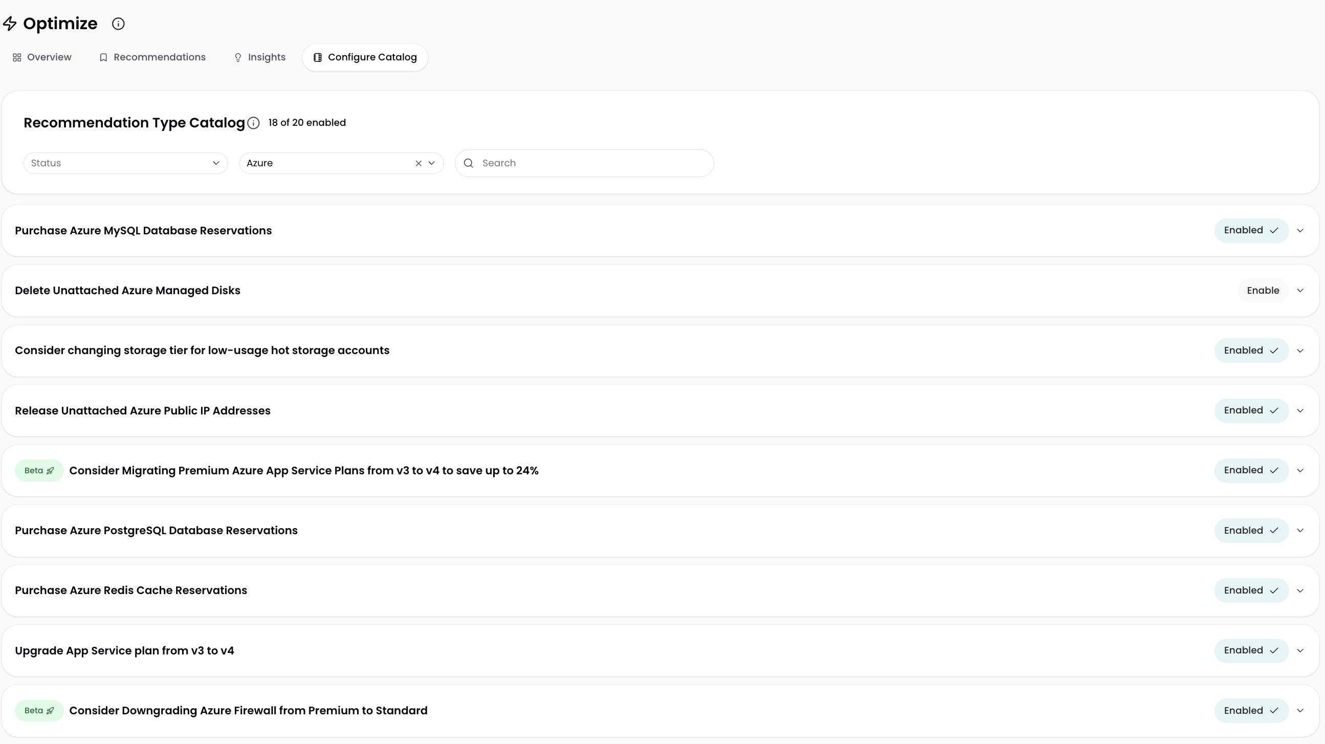 Configure Catalog tab showing the Recommendation Type Catalog with status and provider filters