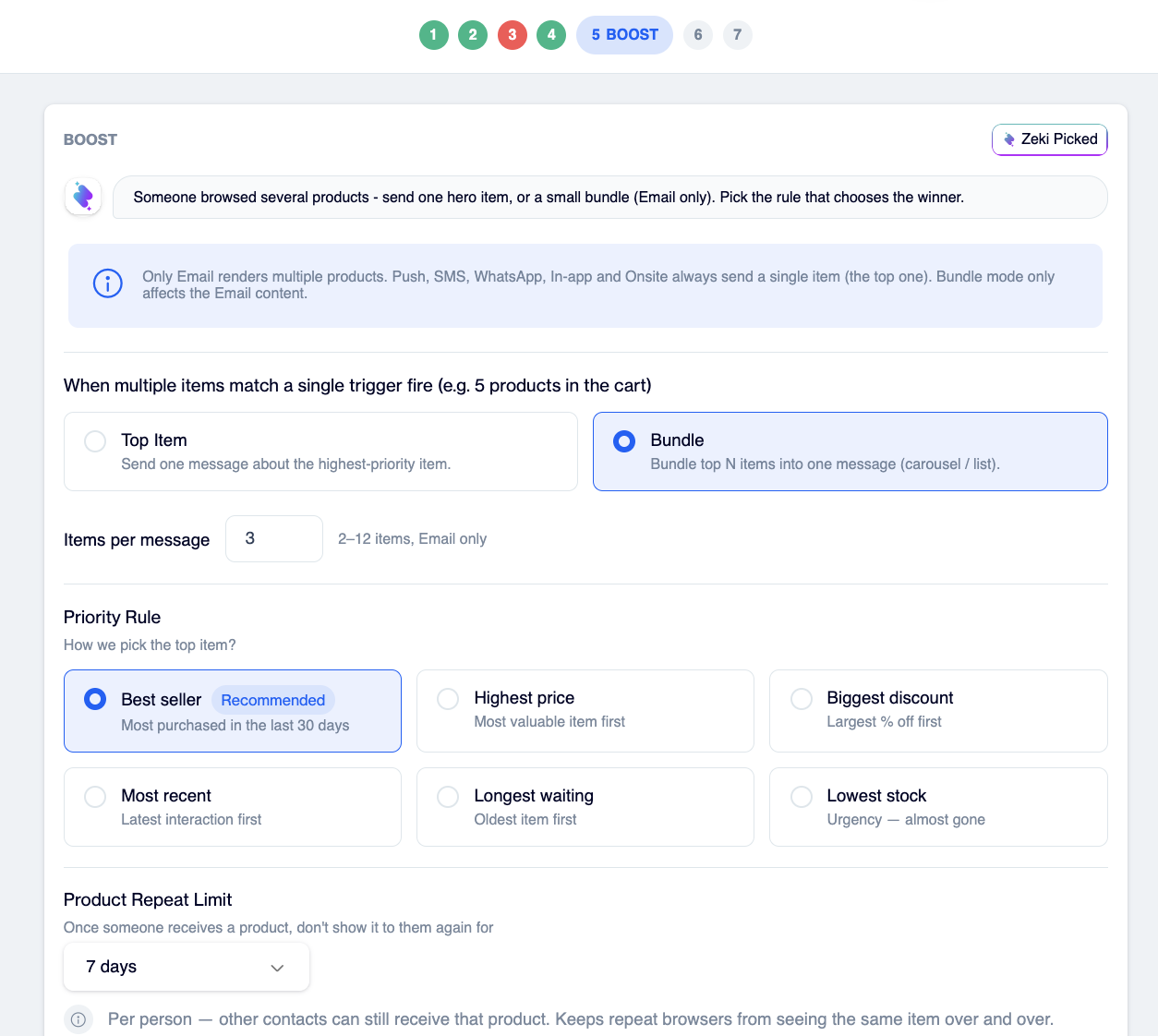Boost step showing the Top Item and Bundle options, the Priority Rule choices, the Product Repeat Limit dropdown