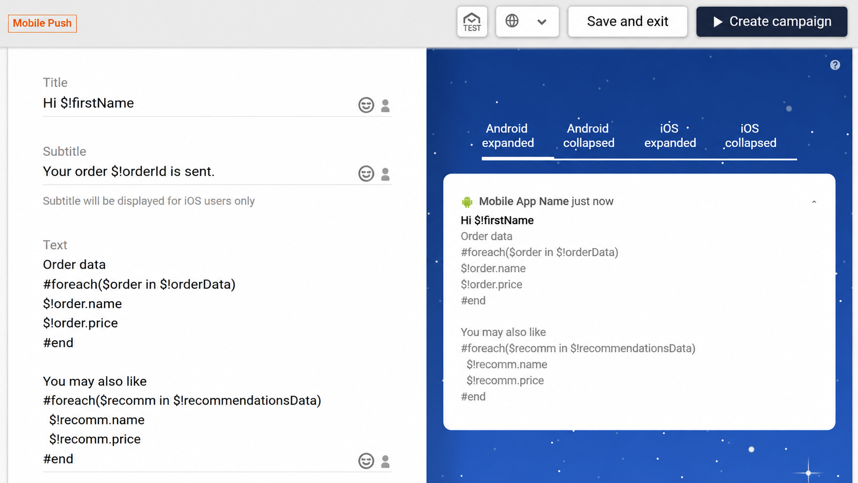 Velocity foreach loop in a Mobile Push message without HTML comments