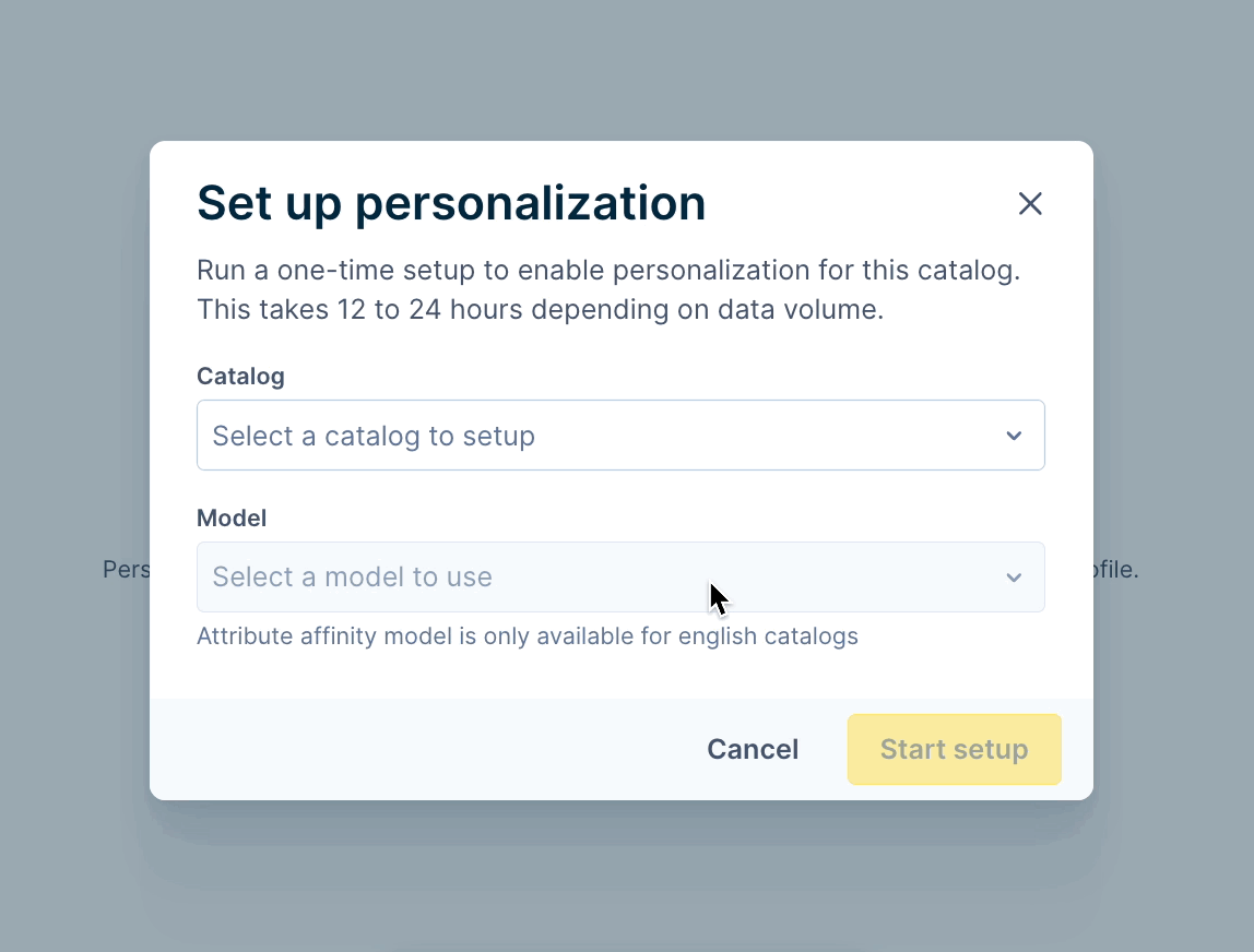 The setup panel with catalog and model selection options