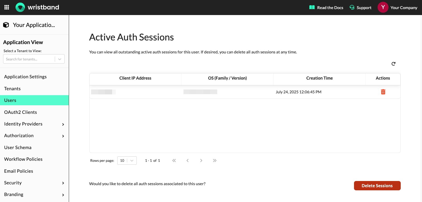 Active auth sessions section