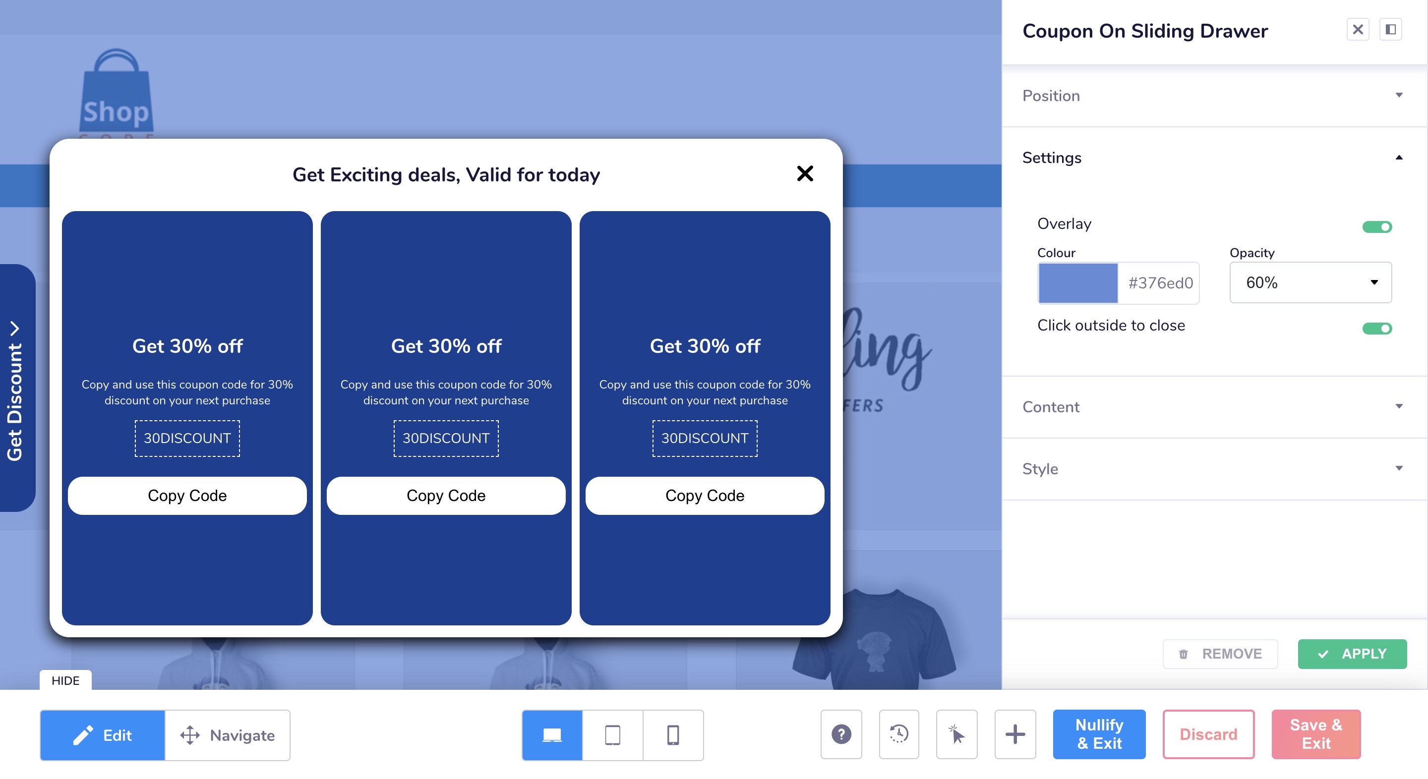 Setup Position for Coupon On Sliding Drawer