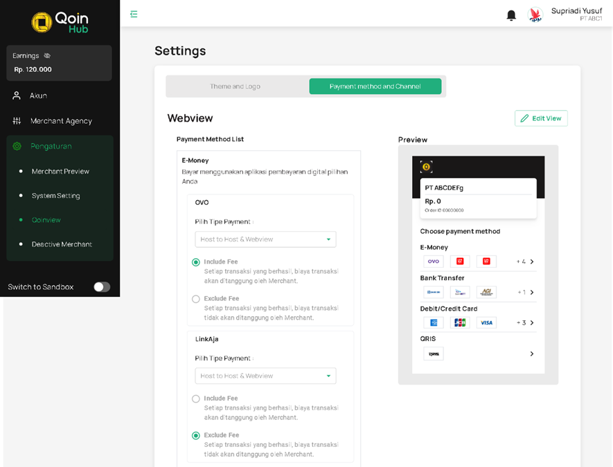 Halaman Setting Payment Channel