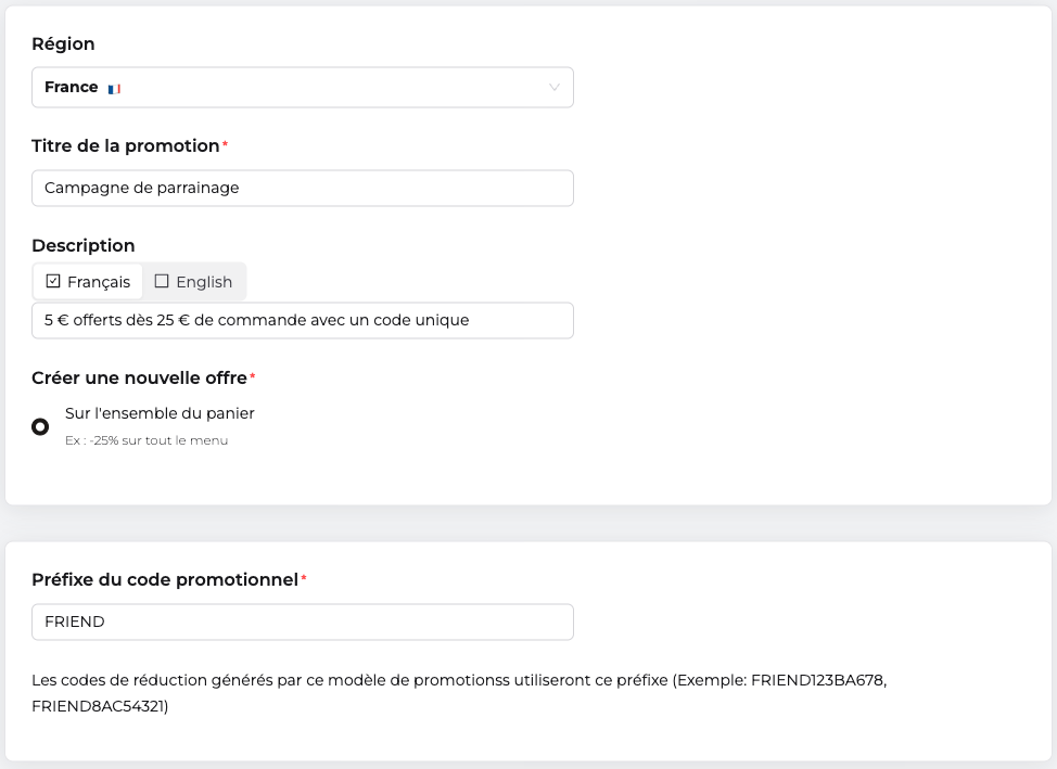 Formulaire de création d'une promo de masse