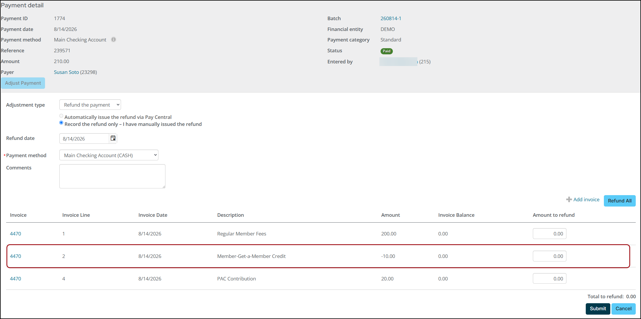 Viewing the invoice detail and payment detail