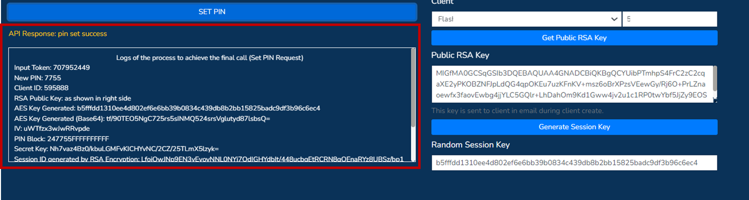 PaySecure API screen: PIN set success