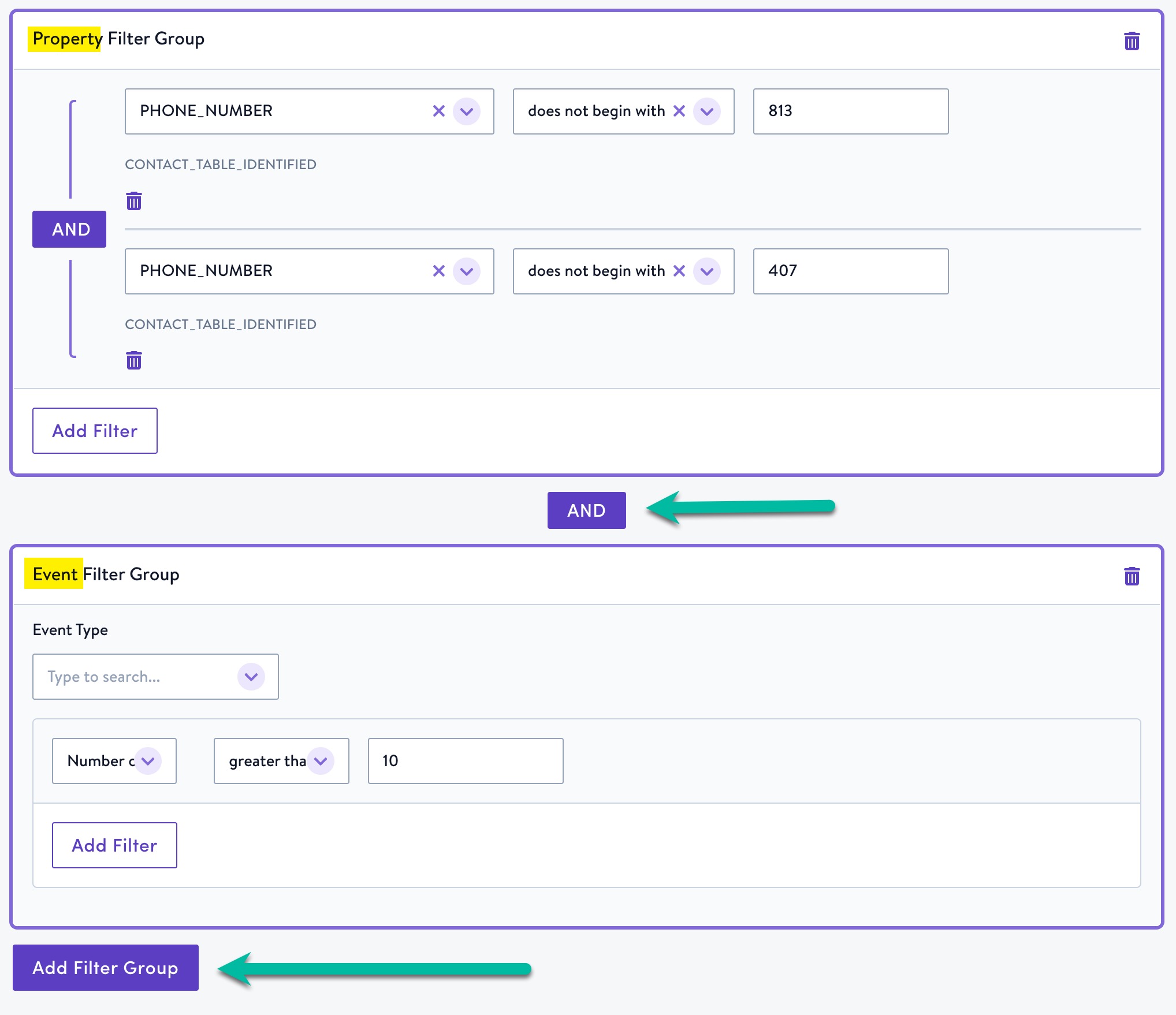 Combine filter groups as needed, toggling between and/or