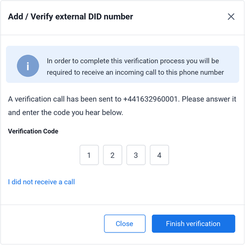 Screenshot of the Add/Verify external DID number dialog: entering code