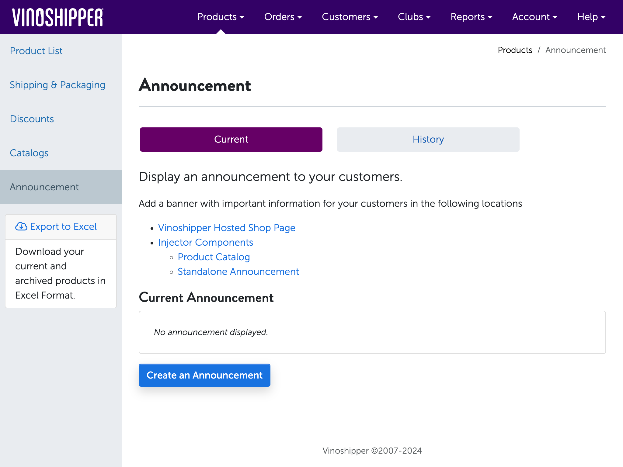 A view of the Producer Admin interface for setting announcements.