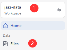 Navigation bar in deepset Cloud with the workspace switch marked as number one and the Files option marked as number two.