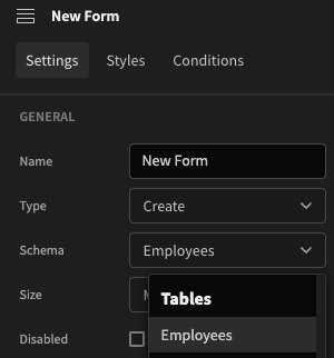Adding a form with a table schema