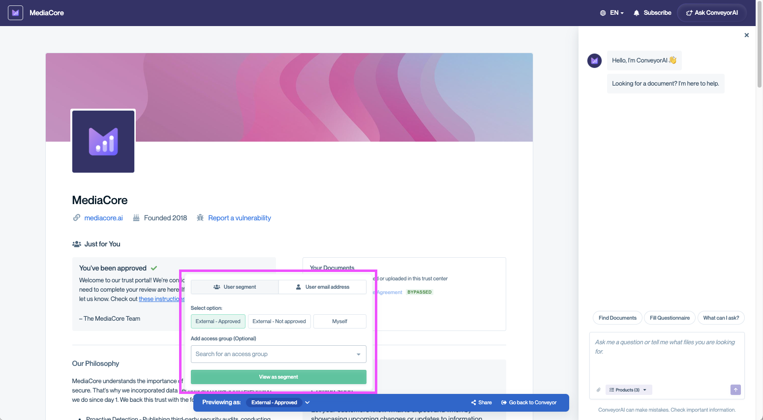 Trust Center page showing the preview mode selector with options to choose a viewer type. The panel includes tabs for ‘User segment’ and ‘User email address,’ buttons for ‘External – Approved,’ ‘External – Not approved,’ and ‘Myself,’ an optional ‘Add access group’ dropdown labeled ‘Search for an access group,’ and a green button labeled ‘View as segment.’ ConveyorAI chat panel appears on the right.