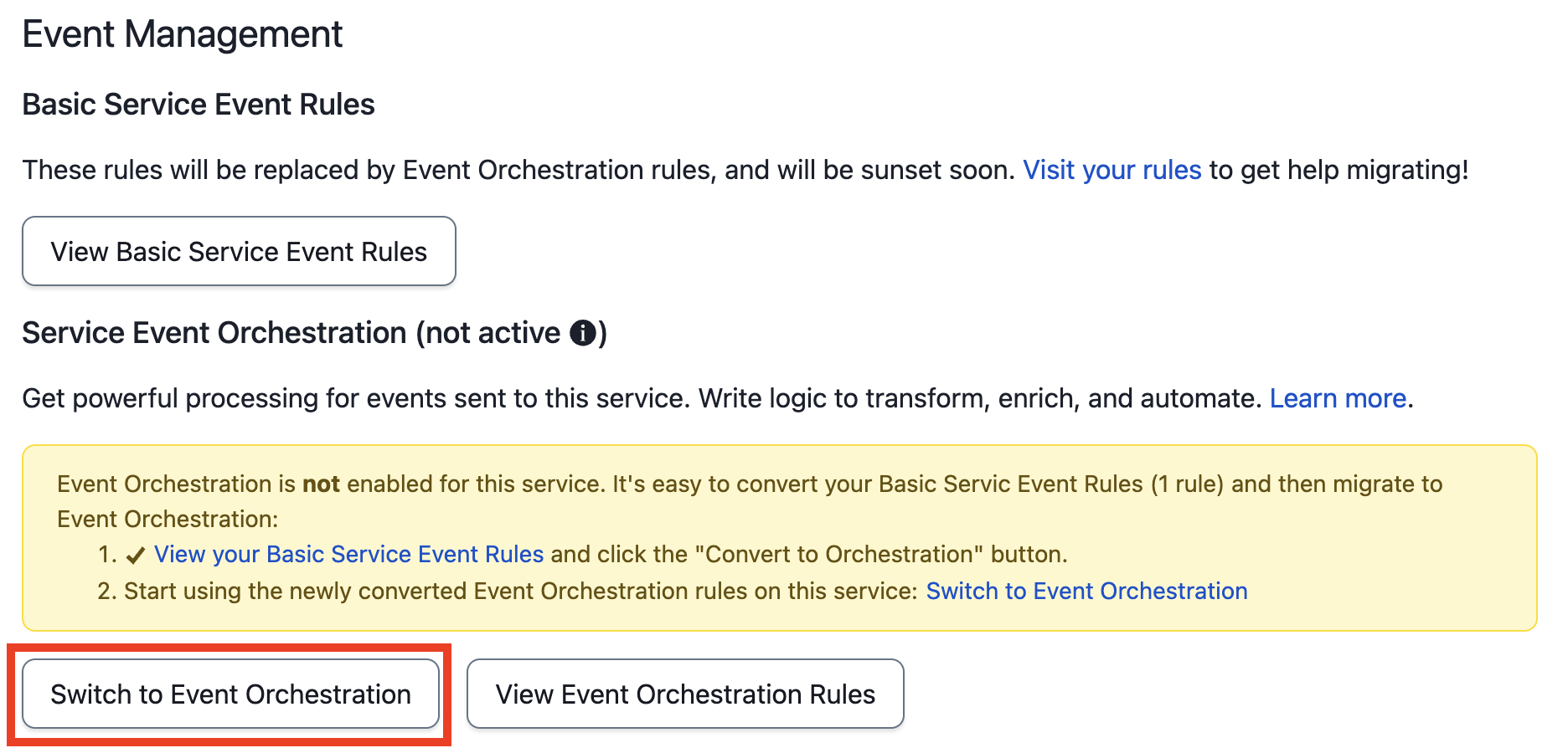 Switch to Event Orchestration button