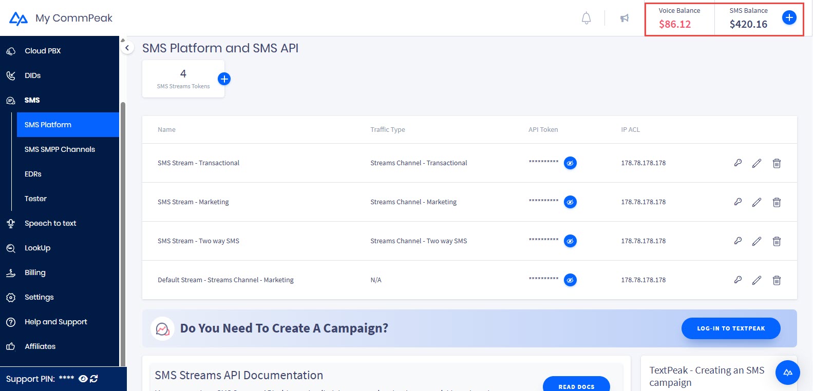 Screenshot of the SMS services **Home** tab with billing information