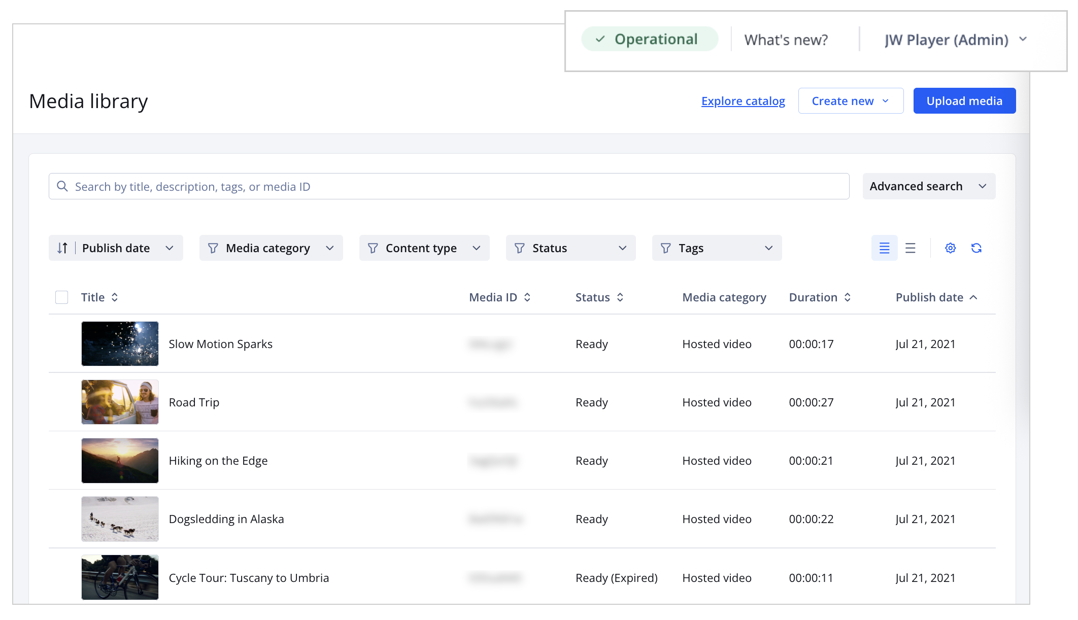 Top navigation of the JWP dashboard