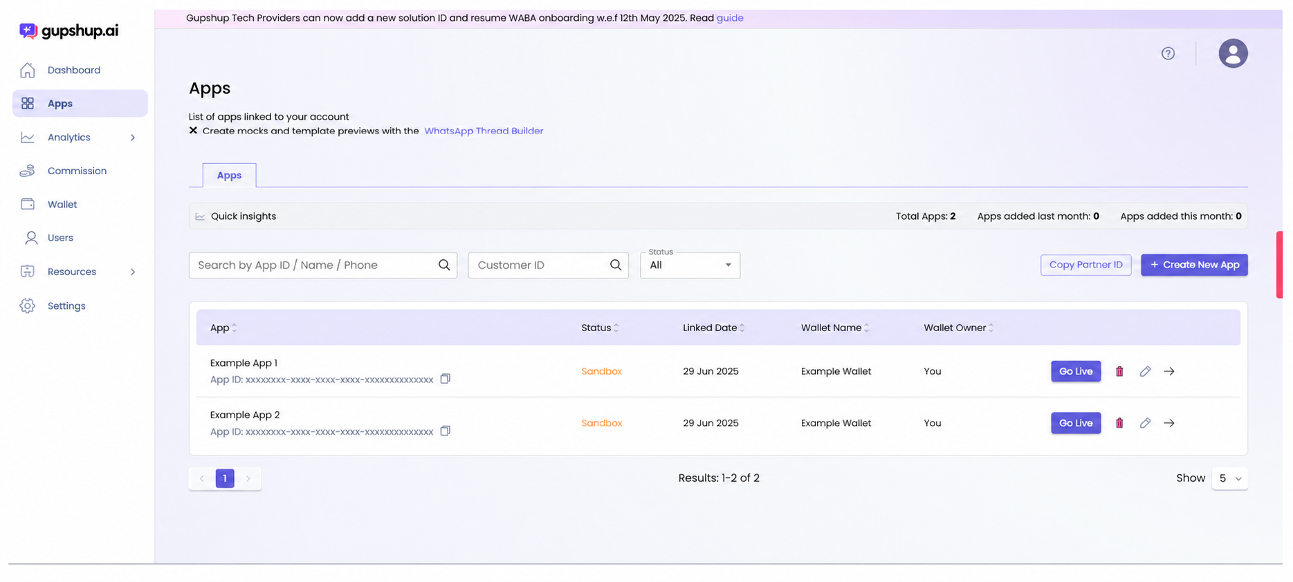 Apps page with names, identifiers, wallet details, and account identity redacted