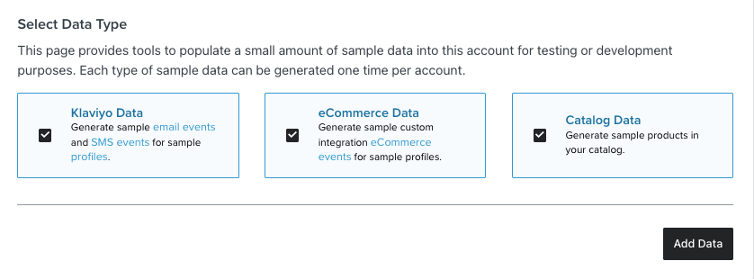 Image of the Select Data Type modal with all three data types selected: Klaviyo data, ecommerce data, and catalog data