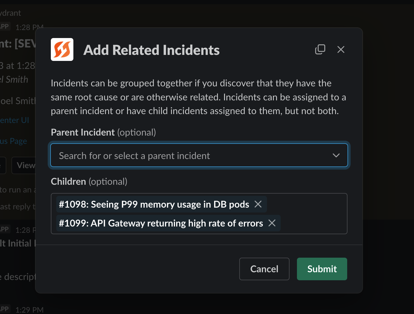 Related incidents modal in Slack