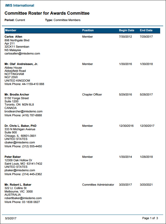 Viewing the Committee Roster report example