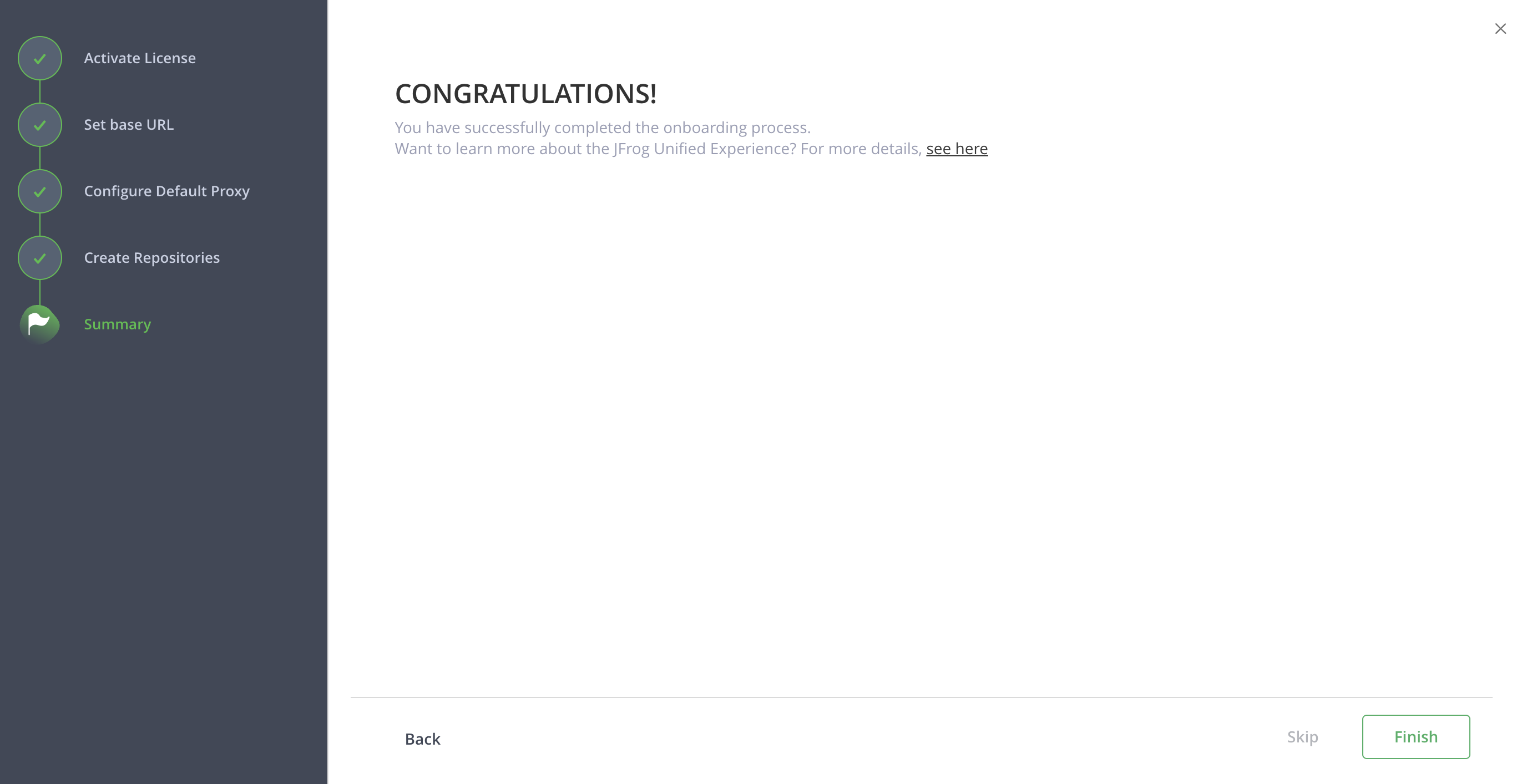 Onboarding wizard summary screen with Finish button to complete setup