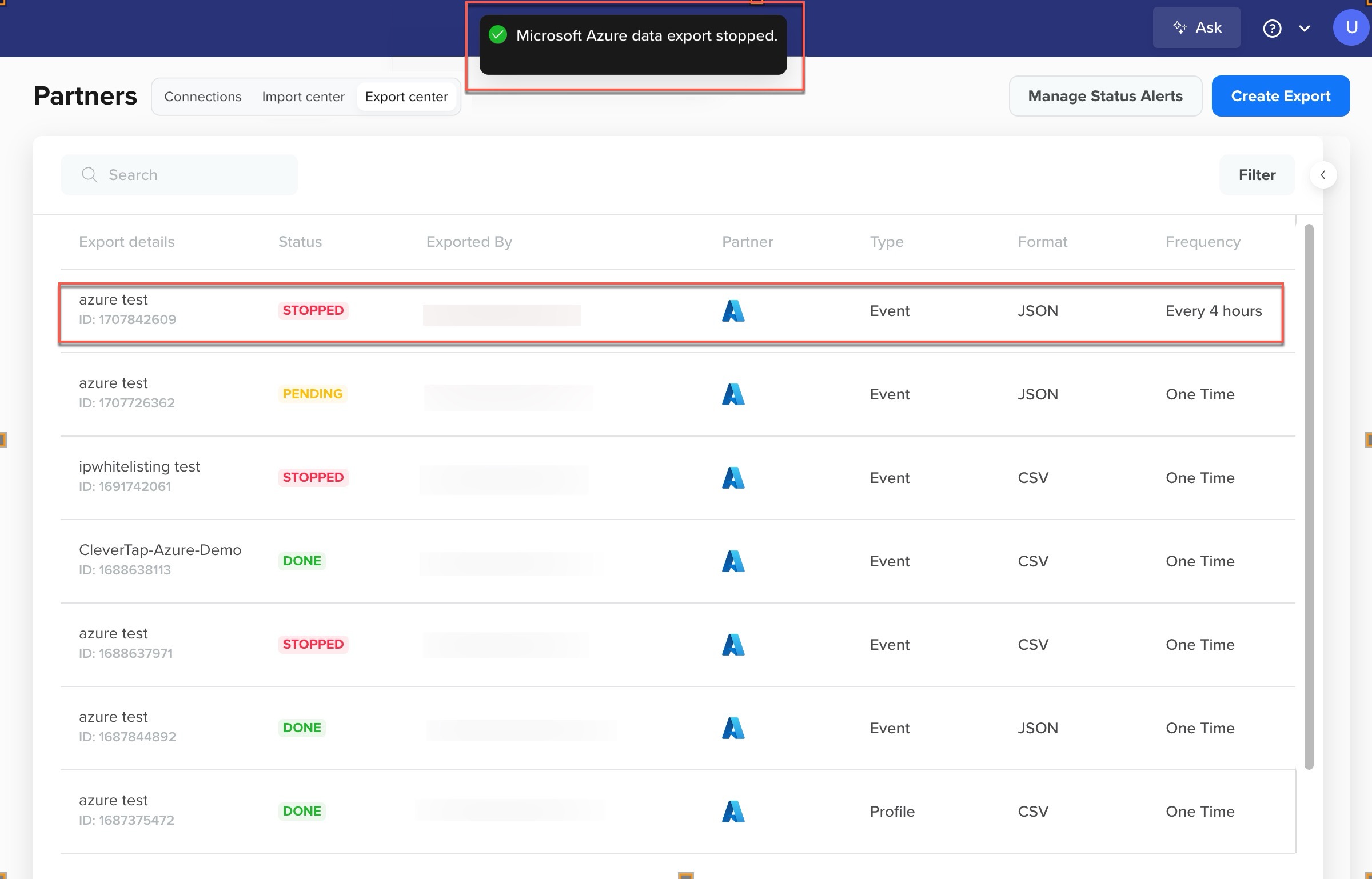 Microsoft Azure Export Stopped