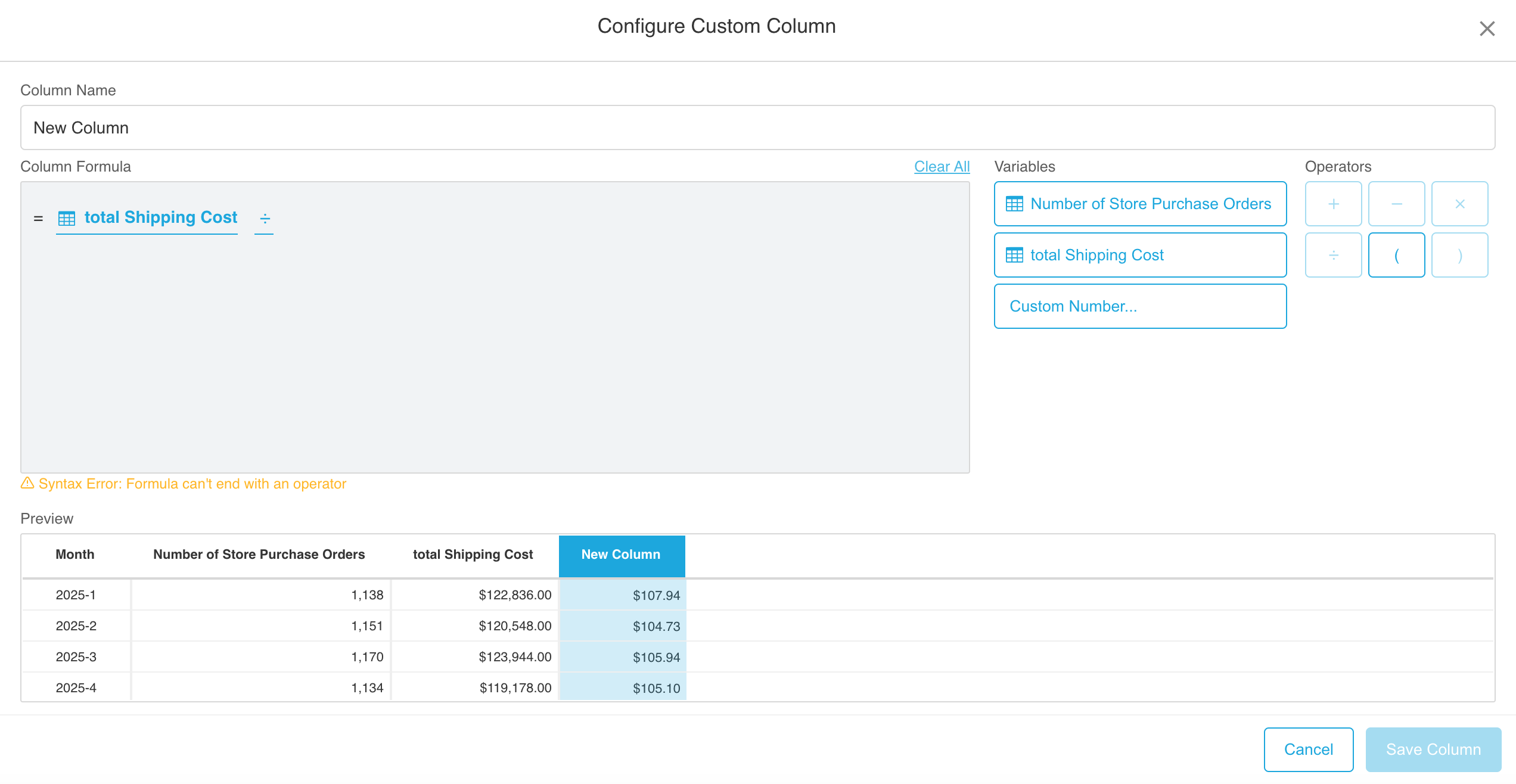 Custom Column Configuration