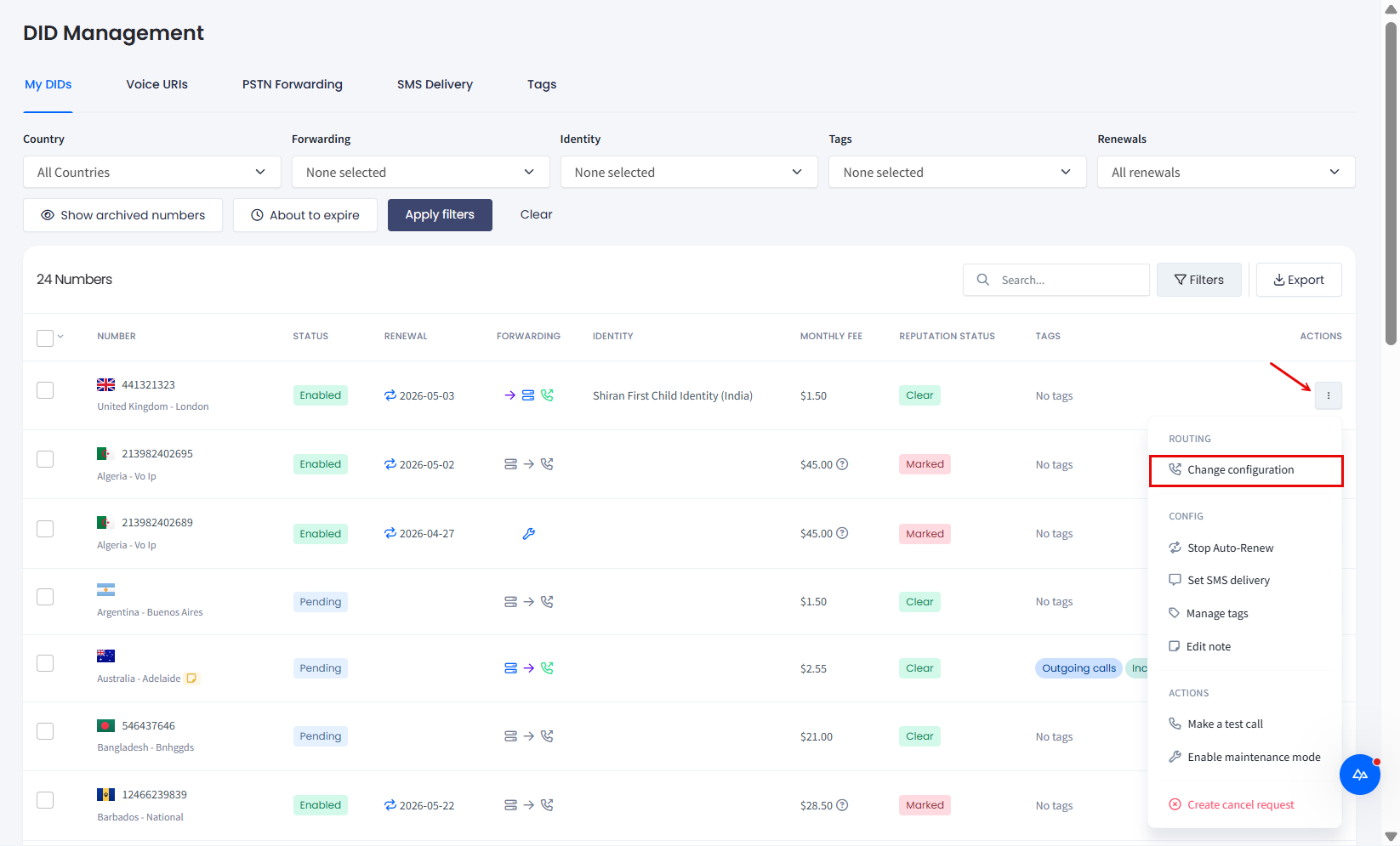 Screenshot of selecting Change configuration action