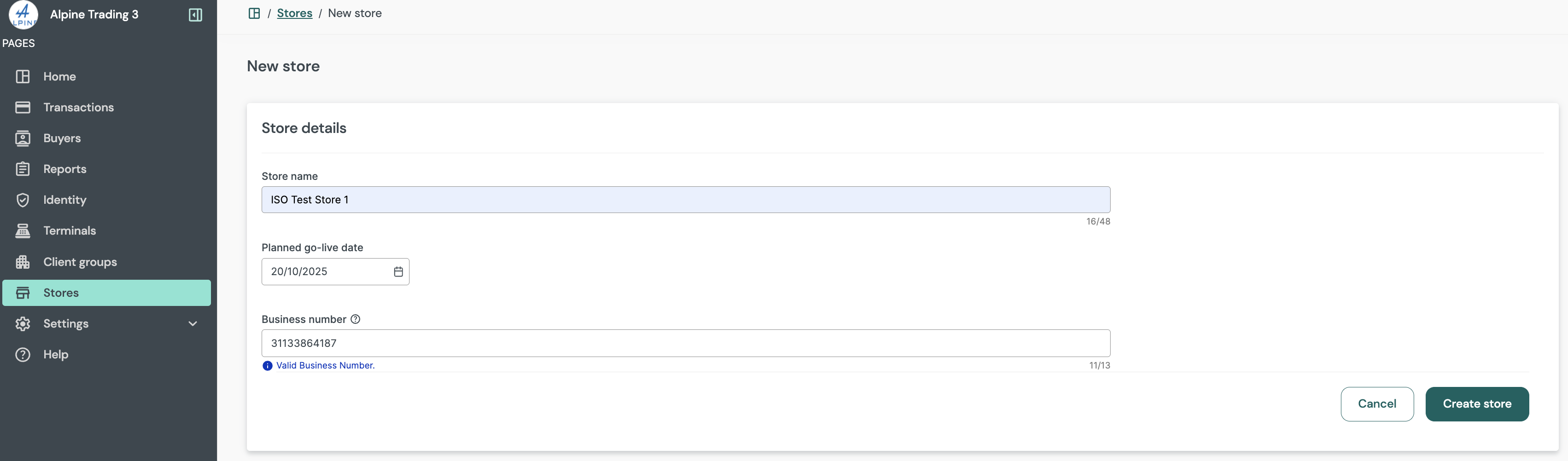 New store (Trading Account view)