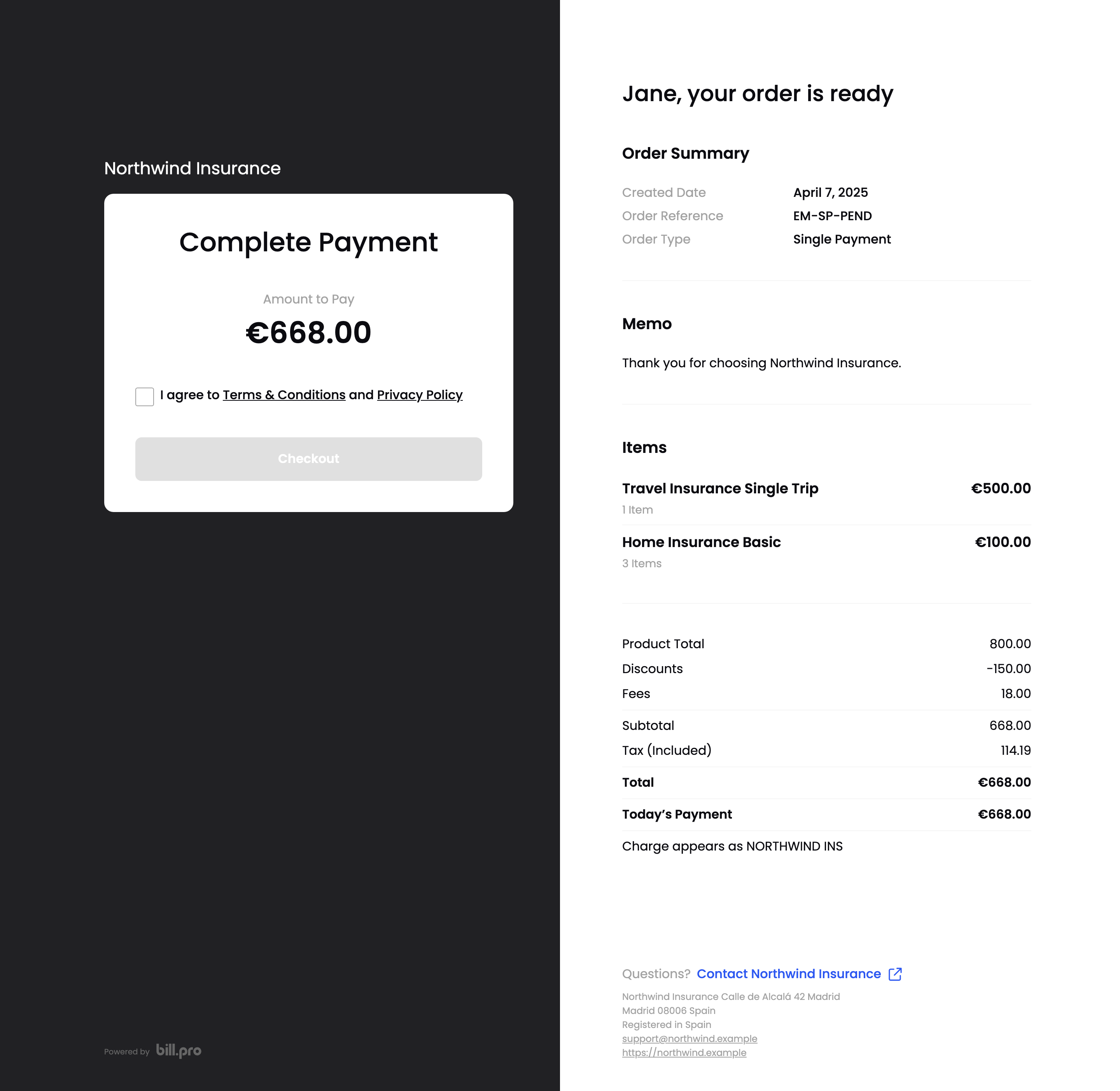 The order portal checkout of a single payment order