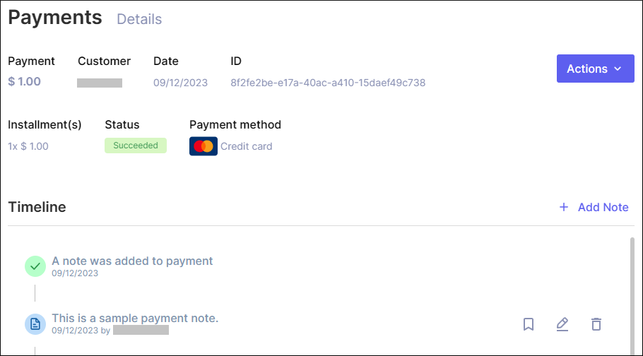 A note added to a payment in the Inspire Payments Platform Administrative Portal