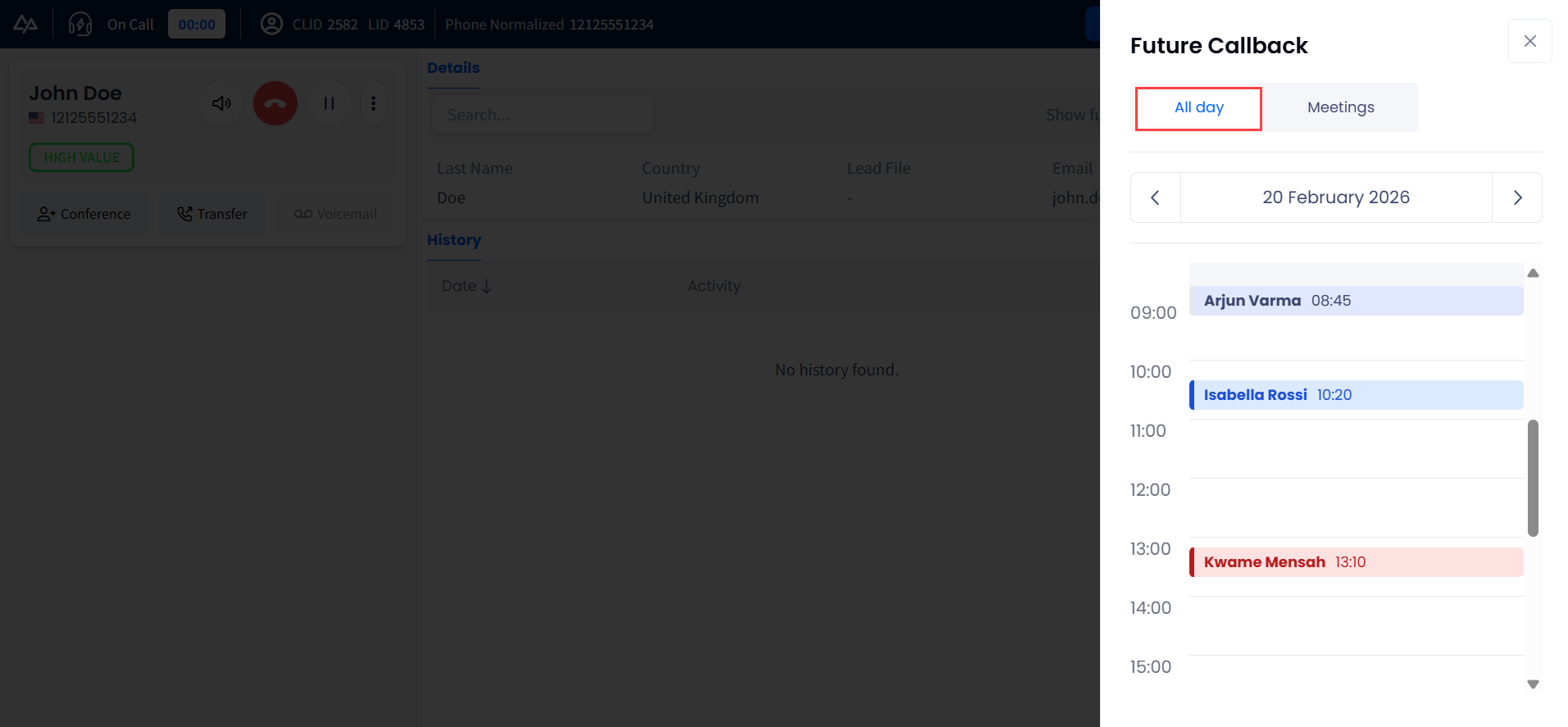 Screenshot of the Future Callback > All day tab