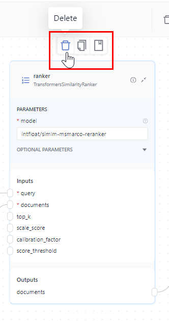 The ranker component in studio with three icons above its card: delete, documentation, bookmark.