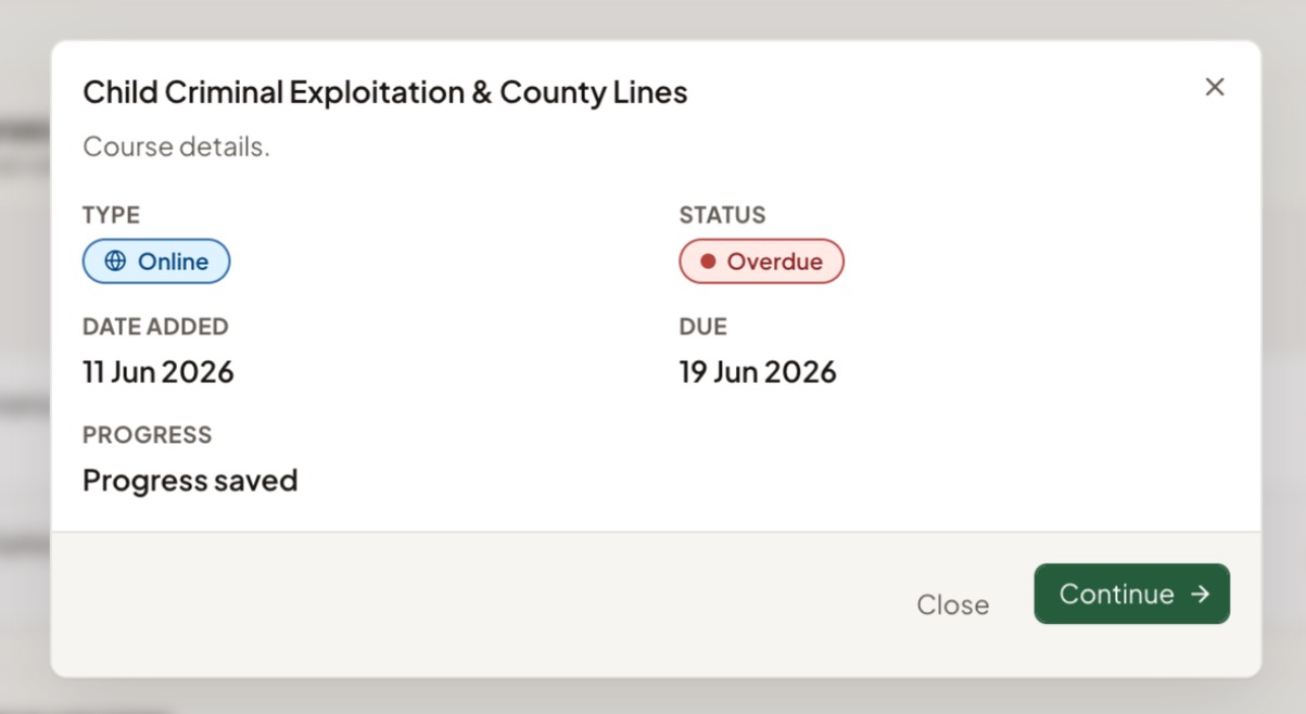 Course details for an online course, showing Type, Status, Date added, Due and Progress